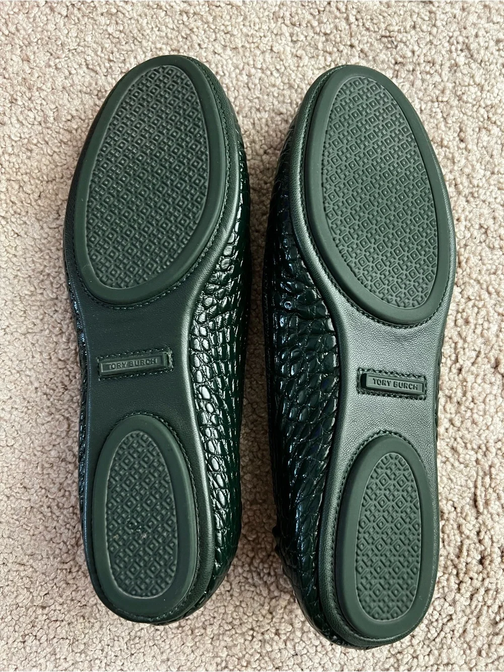Tory Burch Green Croc-Embossed Minnie Travel Ballet Flats